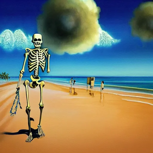 Image similar to (((Beautiful digital painting portrait))) of relaxed skeleton walking on the tropical beach!!! with nuclear bomb explosion in the background!!!, by James Gurney, high quality, trending on Artstation, realistic, tropical color scheme, anatomically correct skeleton, high coherence, blue sky