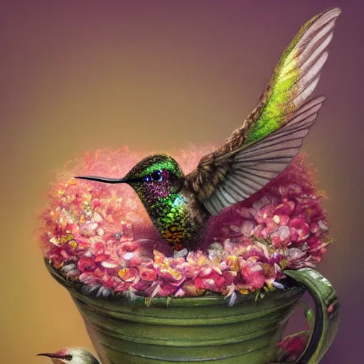 Prompt: long shot of a very fluffy hummingbird chick nesting in a floral cup, esao andrews, by m. w. kaluta, humorous illustration, hyperrealistic, tilt shift, warm colors, night scenery, low light, 3 d octane render, 4 k, volumetric lights, smooth, cosy atmosphere, conceptart, hyperdetailed, trending on deviantart