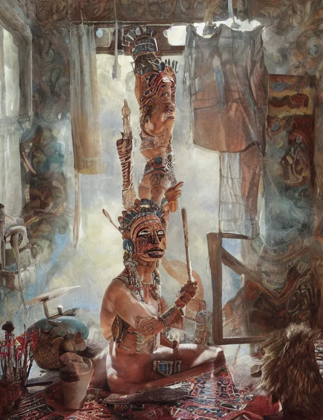 Prompt: a mayan jaguar warrior in country house, cottage core, cinematic focus, bleached vintage pastel colors high - key lighting, soft lights, foggy, by steve hanks, by lisa yuskavage, by serov valentin, by tarkovsky, detailed, oil on canvas