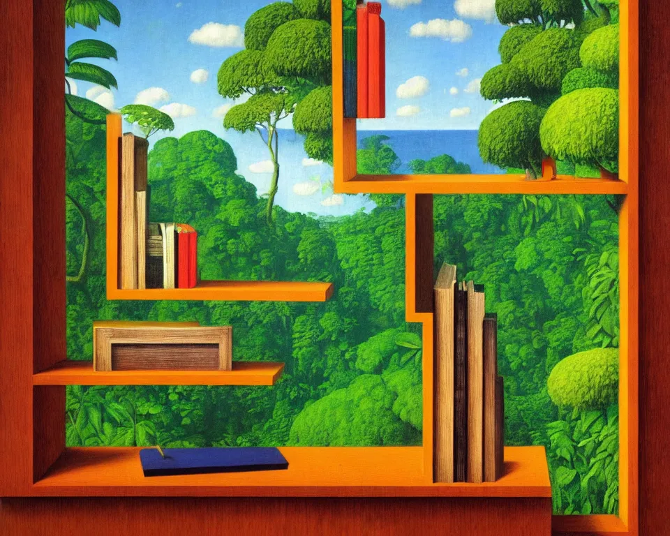 Prompt: one small bookshelf in the rainforest by raphael, hopper, and rene magritte. hyperdetailed, proportional, romantic, enchanting, achingly beautiful, graphic print, trending on artstation.