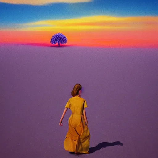 Image similar to closeup giant dahlia flower fusing head, girl walking between dunes, surreal photography, sunrise, blue sky, dramatic light, impressionist painting, digital painting, artstation, simon stalenhag