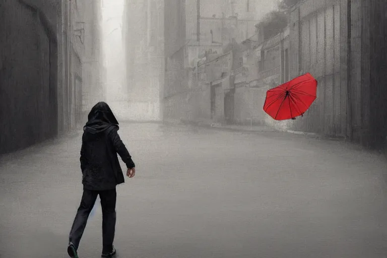 Prompt: a young man walks through the streets of a modern city, holding a large red umbrella, his long blond hair flowing behind him as he goes, back view!!, minimalistic, realistic art style, trending on behance, illustrated by greg rutkowski, zdzisław beksinski, gaston bussiere, max hay, anton fadeev
