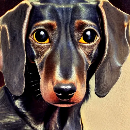 Prompt: brindle dachshund profile picture by Mandelbrot, Benoit B., asymmetrical, Organic Painting, Matte Painting, geometric shapes, hard edges, street art, symmetric face, symmetric eyes