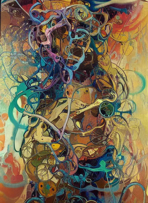 Image similar to abstract expressionism oil painting intertwined with a mutant biomorphic biological human structure, spray paint texture, drips, impasto paint, 3 d graffiti texture, brushstrokes, abstract, highly detailed, hyperealistic fresh paint, harmonious, chaotic, colorfull, in the style of alphonse mucha