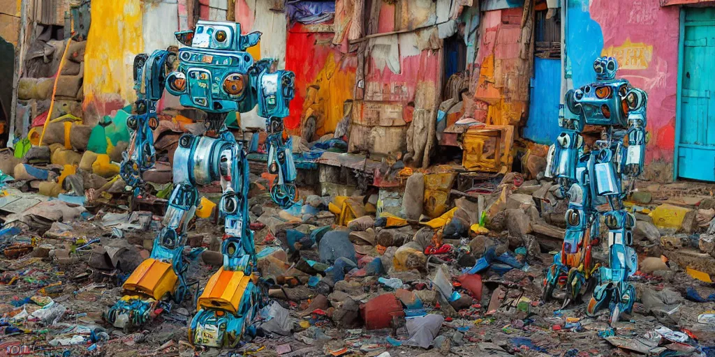 Image similar to colourful - damaged - giant mecha ROBOT of AJEGUNLE SLUMS of Lagos, markings on robot, Golden Hour, in the style of Ghibli,