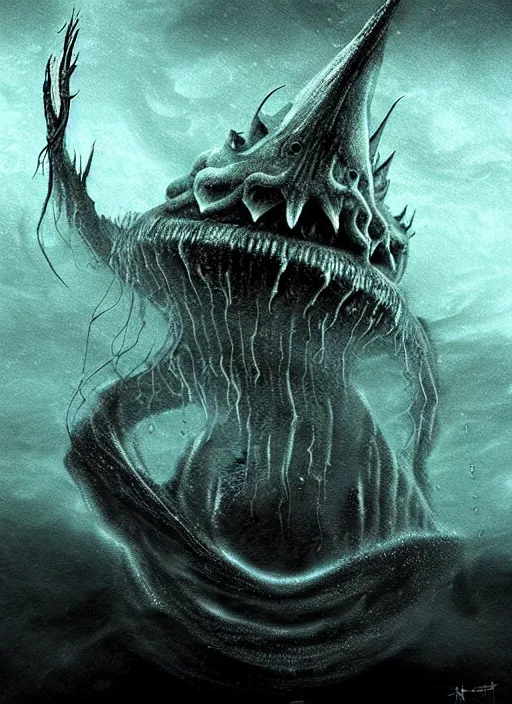 Image similar to bigfin squid, horror style, digital art, monster, ominous underwater environment, dark souls, terrifying, epic surrealism