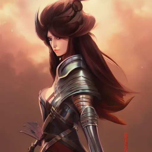 Image similar to a beautiful woman with long dark brown hair wearing armor, japanese fantasy, feudal japan, by lois van baarle, Ilya Kuvshinov, Stanley Artgerm Lau, WLOP, Rossdraws, trending on artstation,