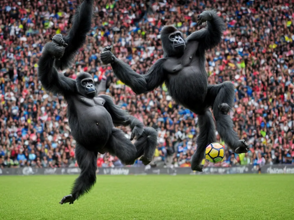 Image similar to a gorilla jumping to head the ball on a corner kick, vivid