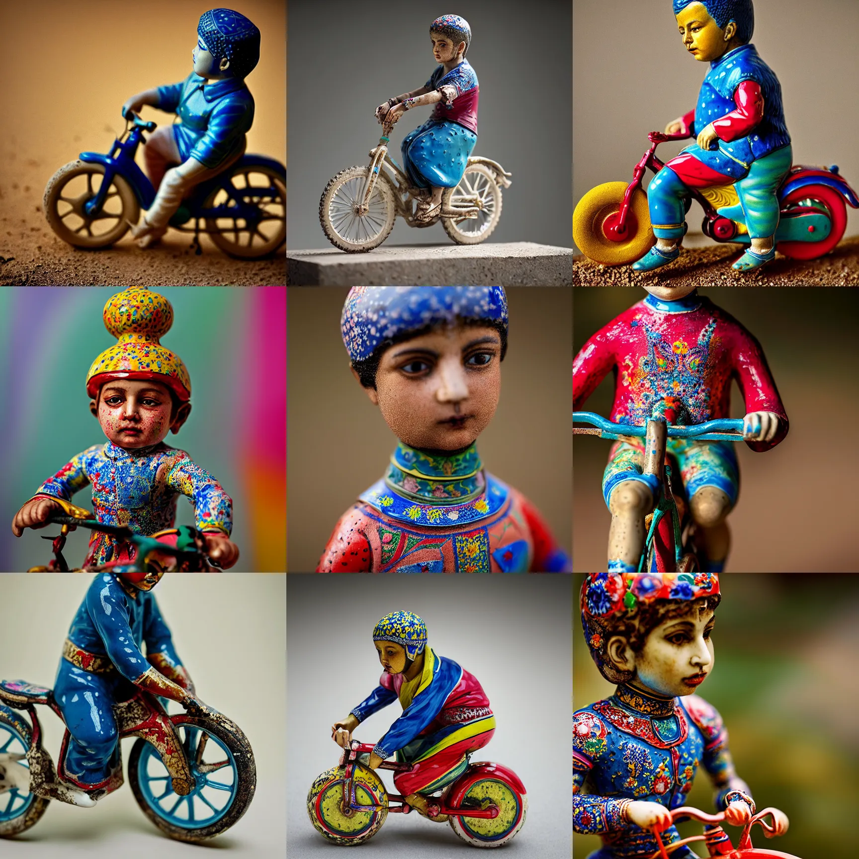 Prompt: portrait of a porcelain figurine of Iranian child on a bike, colourful, detailed, depth of field, intricate, delicate, by Jonas Jensen, Magnum photos