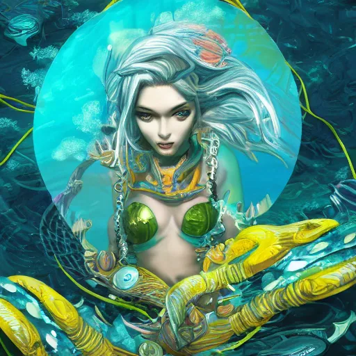 Prompt: highly detailed portrait of a cyberpunk mermaid swimming through a coral reef by Akihiko Yoshida, Greg Tocchini, 8k resolution, hearthstone inspired, sea green, yellow, blue, white, coral and black color scheme with graffiti