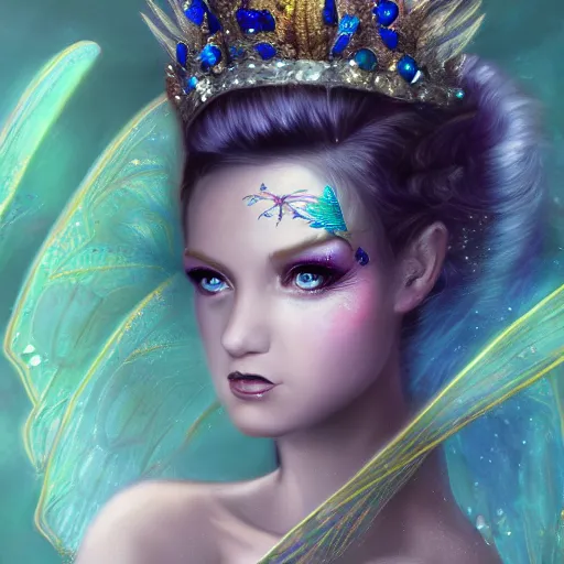 Image similar to detailed portrait of a fairy queen with wings wearing a silk robe, crown, pixie, iris, realism, emerald, galaxy, sapphire, moonlit, wearing a bejeweled face mask, dark fantasy, dramatic lighting, dreamlike, cgsociety, artstation