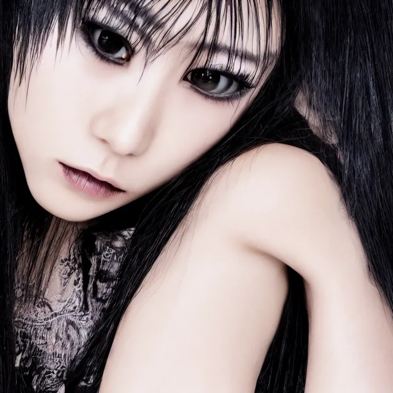 Image similar to professional photograph of female japanese models in emo makeup, long hair, fringe