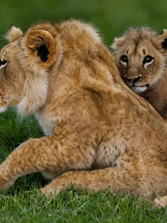 Prompt: 4K HD, high detail photograph, shot with Sigma f/ 4.2 , 250 mm sharp lens, shallow depth of field : (subject= jumping baby lion and a baby duck + subject detail= accurate body features, consistent, high detailed light refraction , high level texture render)