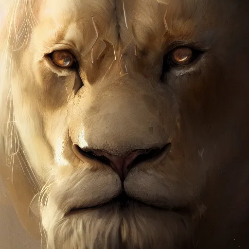 Image similar to commission portrait of a fit albino male lion,anthro,character design by charles bowater,greg rutkowski,ross tran,hyperdetailed,hyperrealistic,4k,deviantart,artstation,professional photography,concept art