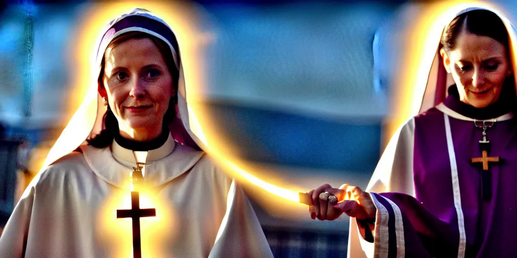 Prompt: a scene from a movie about a 3 4 - year old female cancer survivor who has an epiphany and decides to become a priest, she finds out there are real demons and battle the forces of evil with a sword in the shape of a cross 4 k, blue - ray screenshot, filmed by roger deakins