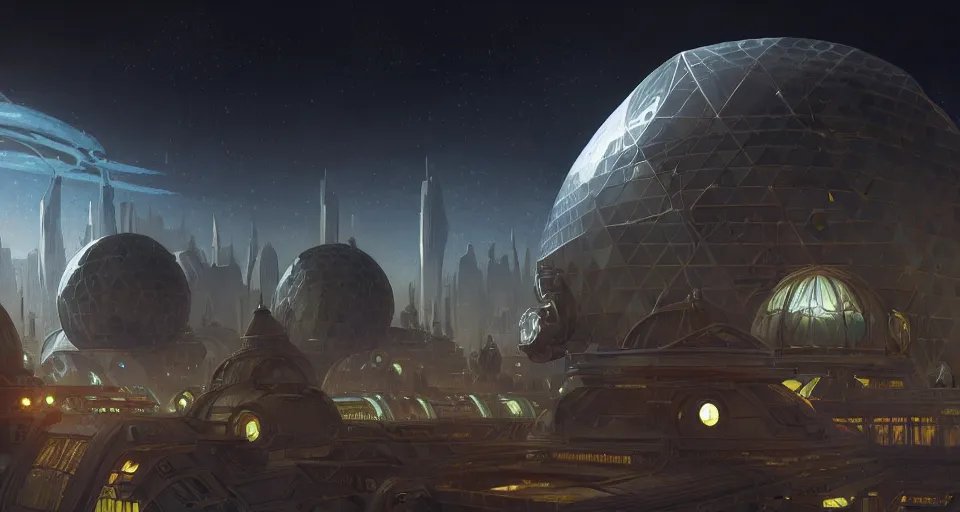 Image similar to cinematic shot, futuristic city on the moon inside a giant geodesic dome, utopian, night, stars, digital painting, artstation, concept art, smooth, sharp focus, illustration, intricate, elegant, highly detailed, in the style of greg rutkowski and alphonse mucha and artemisia, 8 k, highly detailed, jurgens, rutkowski
