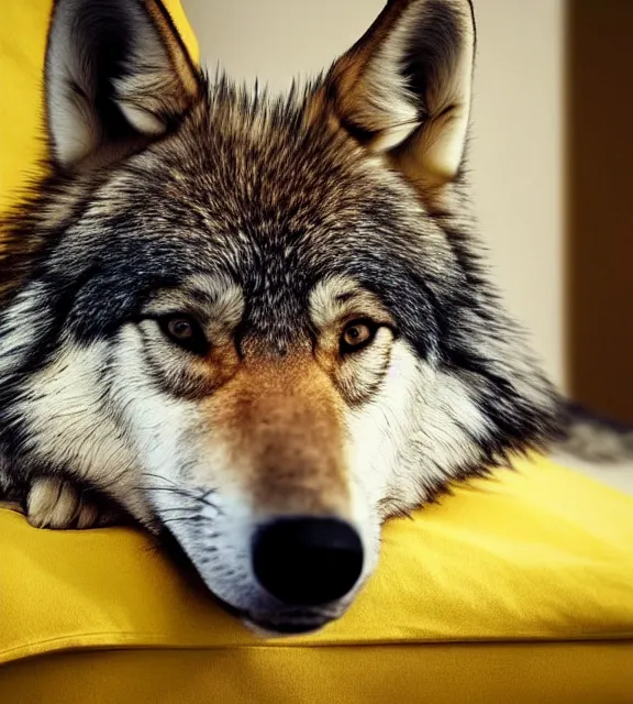 Prompt: a 4 k photorealistic photo of a wolf sitting on a bed in a yellow room