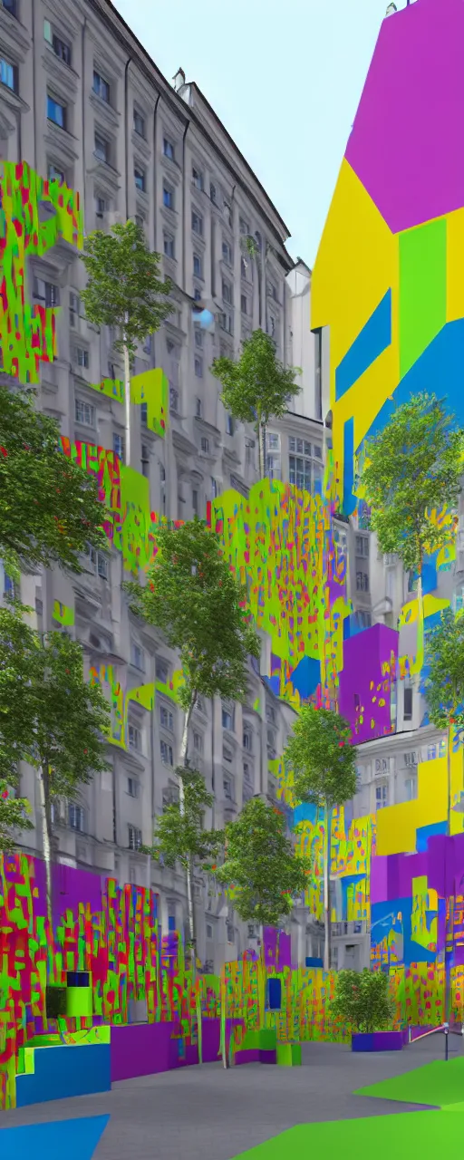 Image similar to 3d render of biophilic design in bauhaus city of Saint Petersburg covered in multi-colored graffiti