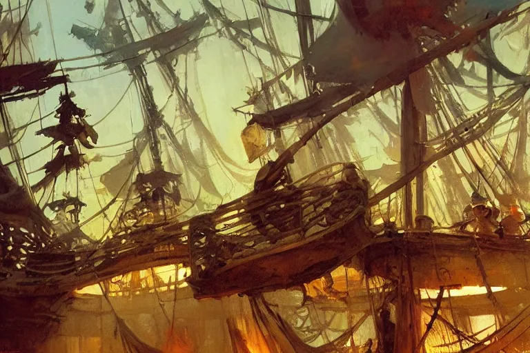 Image similar to pirate ship deck interior, intricate, elegant, highly detailed, vivid colors, john harris, frazetta, tyrus wong, ruan jia, jeffrey catherine jones