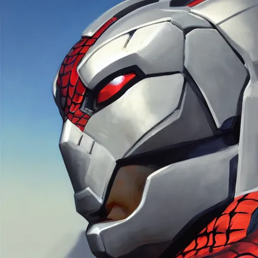 Image similar to greg manchess portrait painting of armored spiderman ultraman grey fox from metal gear cyborg gay japanese - american hybrid as overwatch character, medium shot, asymmetrical, profile picture, organic painting, sunny day, matte painting, bold shapes, hard edges, street art, trending on artstation, by huang guangjian and ail elvgren and sachin teng