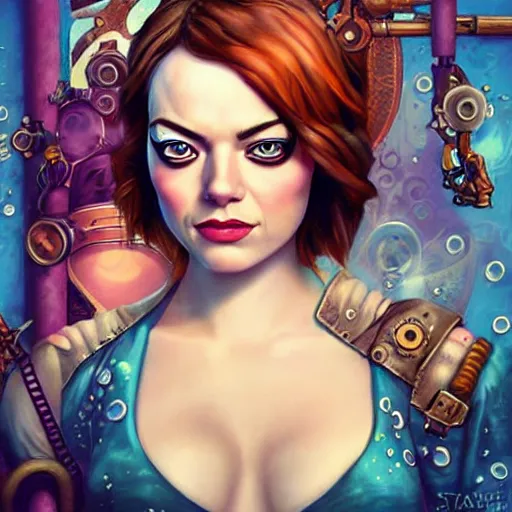 Image similar to underwater steampunk pirate portrait of emma stone, pixar style, by tristan eaton stanley artgerm and tom bagshaw.