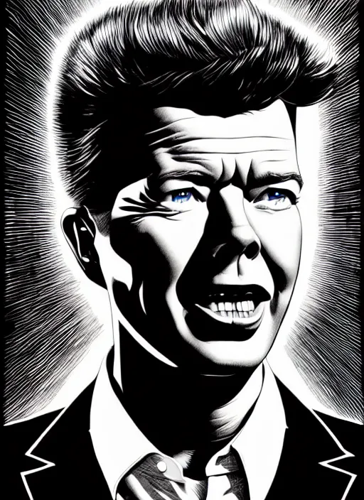 Prompt: rick astley in never gonna give you up, extremely detailed, bold line art, by vincent di fate and joe fenton and artgerm, inking, etching, screen print, masterpiece, trending on artstation, sharp, high contrast, hyper realistic, hd, 4 k, 8 k