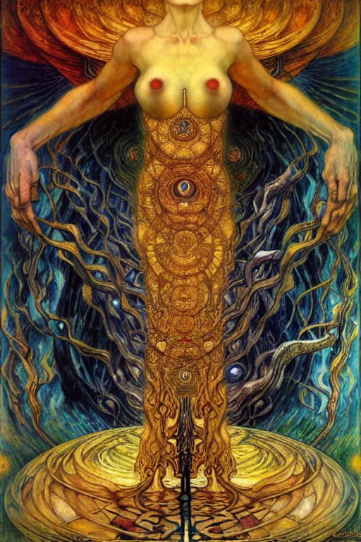 Image similar to Divine Chaos Engine by Karol Bak, Jean Delville, William Blake, Gustav Klimt, and Vincent Van Gogh, symbolist, visionary