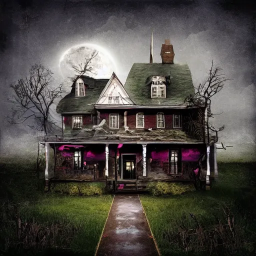 Prompt: creepy album art by chris bilheimer of a haunted house, surreal, 8 k