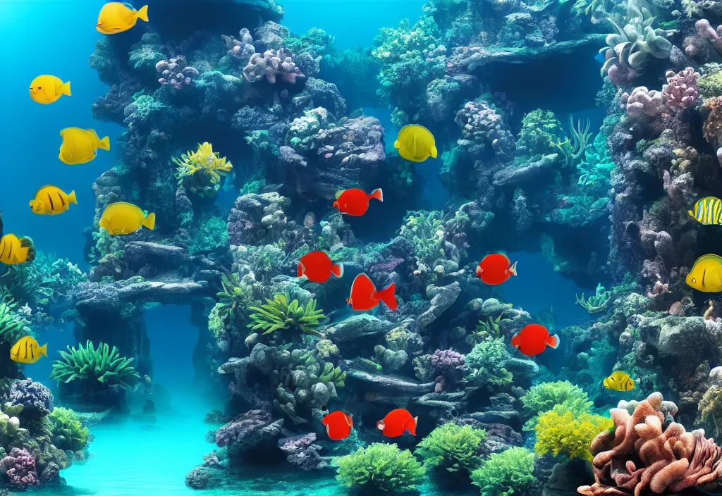 Image similar to an underwater city full of tropical fish, National Geographic, photo, HD, 8k