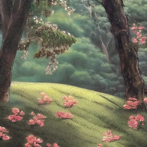 Image similar to A painting of a beautiful scene of nature. The colors are very soft and muted, and the overall effect is one of serenity and peace. The composition is well balanced, and the brushwork is delicate and precise. 1990s by Kim Jung Gi rendering