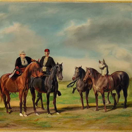 Prompt: colorful drawing of an irishman surrounded by many horses