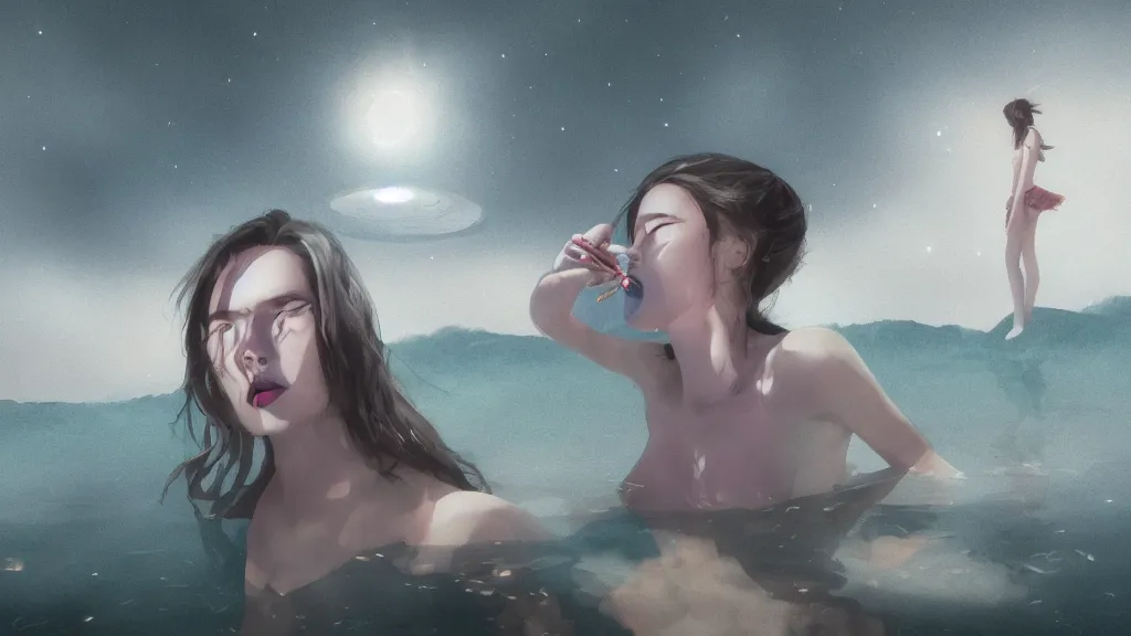 Image similar to whimsical, beautiful playful women, wearing professional makeup, standing in a lake, blowing smoke, under the stars, with a binary black hole with a ring in the sky, by Studio Ghibli, by Greg Rutkowski, by Steve Argyle, face enhance, volumetric lighting, 4k resolution, octane render, trending on artstation