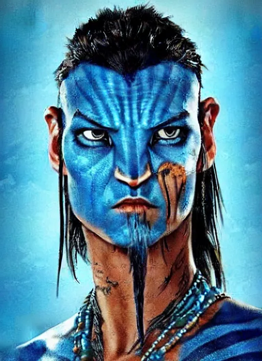 Image similar to johny Depp in the movie avatar as blue creature, tattoo's, warrior, movie poster