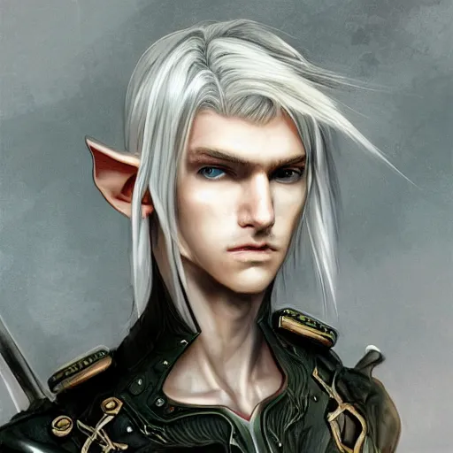 Prompt: portrait of an elf by ayami kojima, he is about 2 0 years old, androgenic, long white hair, slender and tall, smirk, he is wearing a modern tactical gear, scifi, highly detailed portrait, digital painting, artstation, concept art, smooth, sharp foccus ilustration, artstation hq