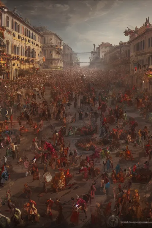 Image similar to Goethe in crowded streets, carnival Rome in 1789, matte painting, concept art, , octane render, trending on artstation, artstationHD, artstationHQ, unreal engine, 4k, 8k