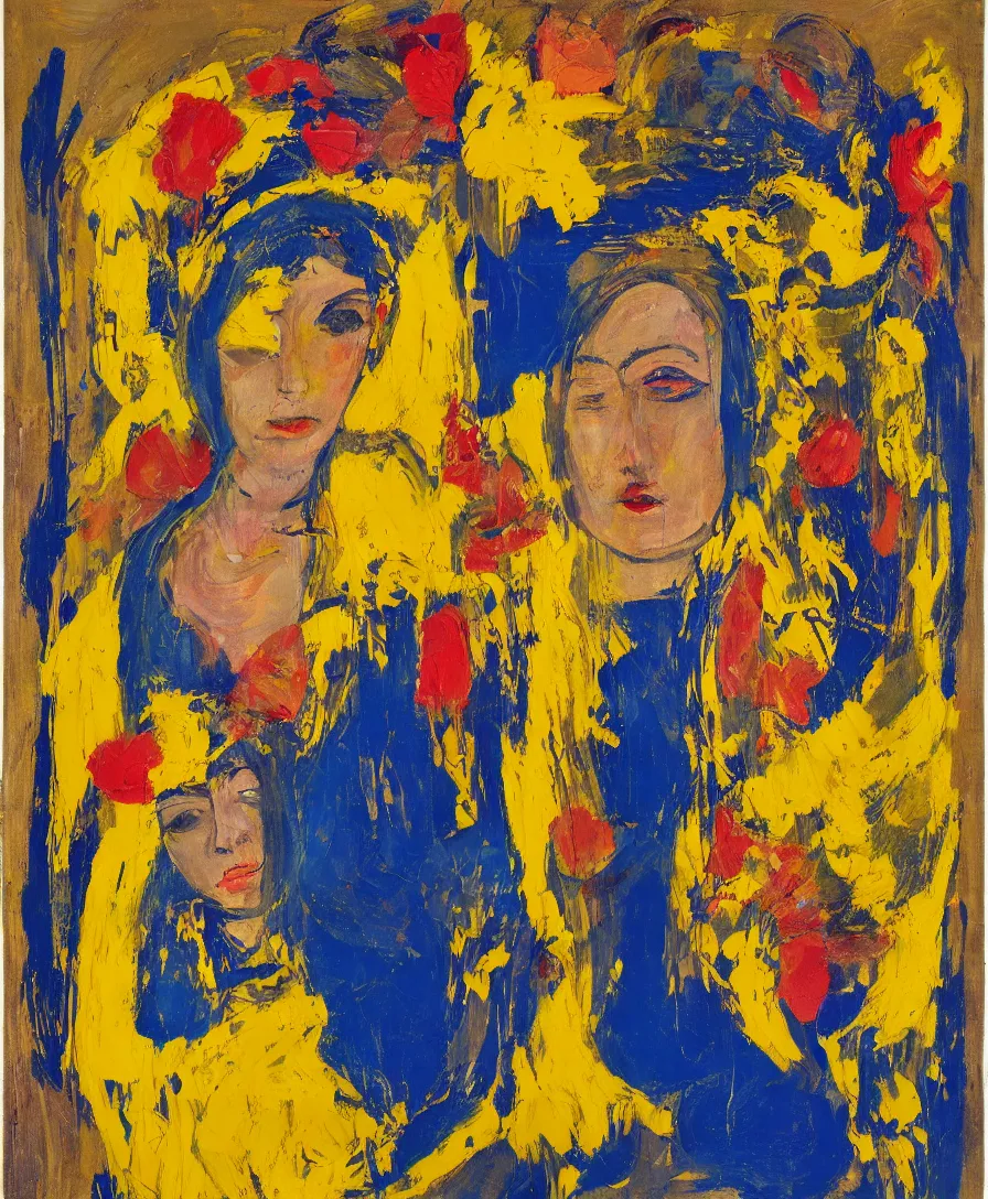 Image similar to portrait of a single lonely priestess with flowers in her hair and a candle in her hand, yellow and blue ribbons, expressive abstractionism, many small saturated hard relief strokes of oil on canvas with high detail