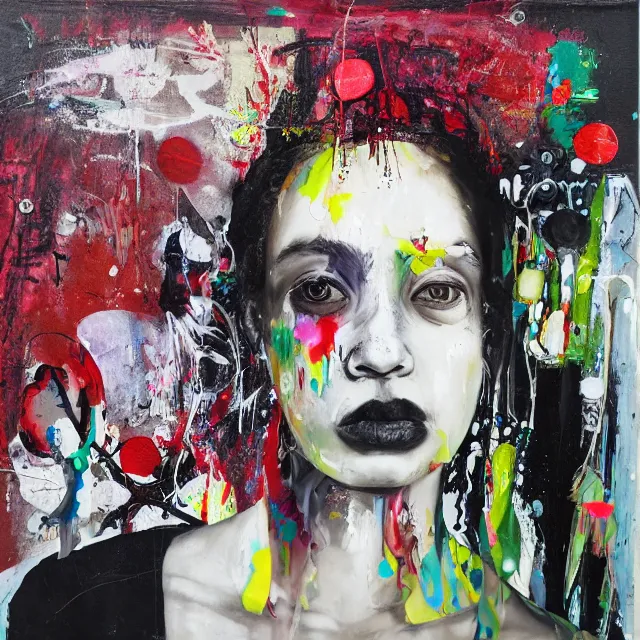 Image similar to “ a portrait in a female art student on a street in nairobi, fear, afraid, bustling, art supplies, anxiety, medical supplies, pills and medicine, ikebana, herbs, a candle dripping white wax, squashed berries, berry juice drips, acrylic and spray paint and oilstick on canvas, surrealism, neoexpressionism ”