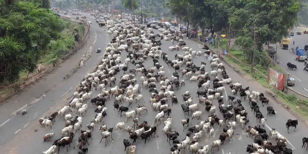 Prompt: traffic in India caused by cows in the middle of the road