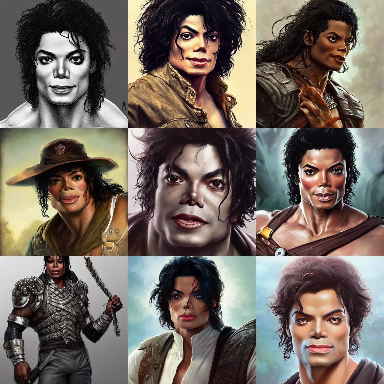 Prompt: bulky michael jackson! very close portrait of a rugged ranger, muscular, upper body, 👅 👅 , D&D, fantasy, intricate, elegant, highly detailed, digital painting, artstation, concept art, smooth, sharp focus, illustration, art by artgerm and greg rutkowski and alphonse mucha