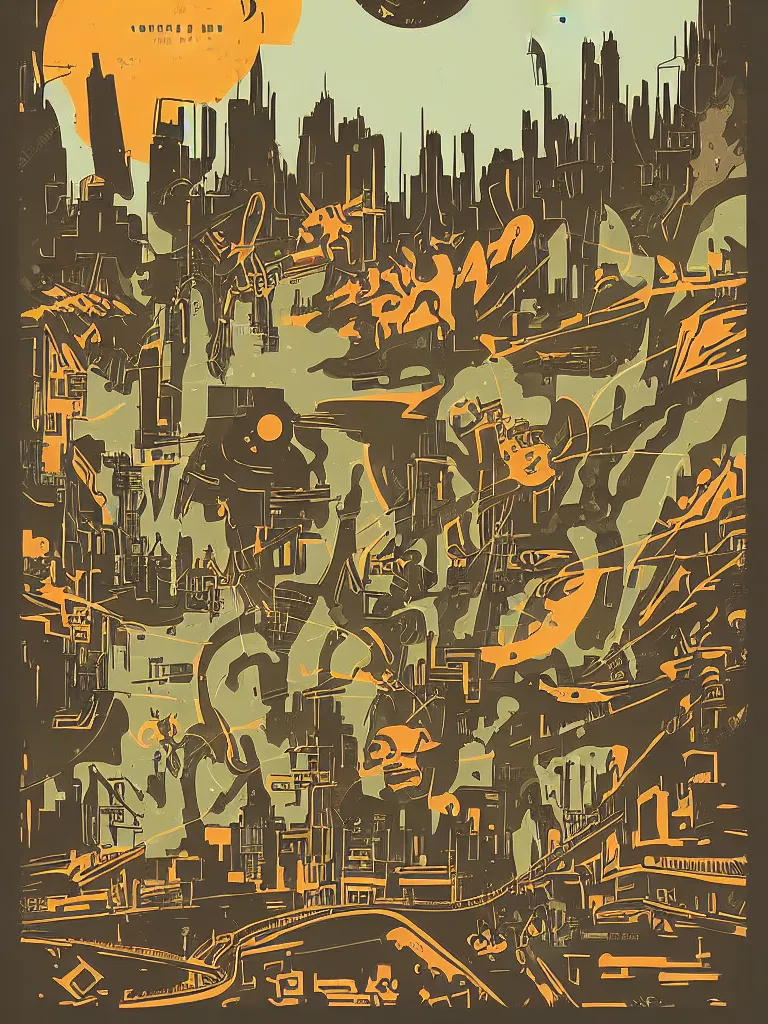 Prompt: tierra connor style poster illustration of a large retro science moster battle above the city, vintage muted colors, some grungy markings