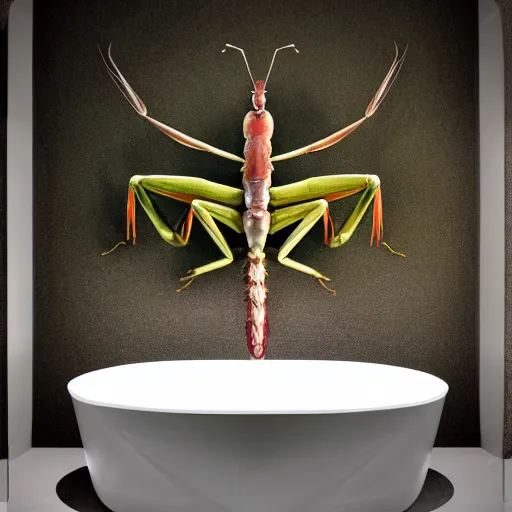 Prompt: cinematic photo of a giant taxidermized praying mantis in a bathtub