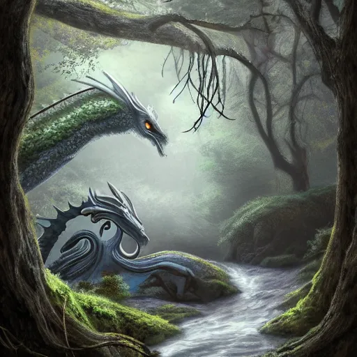 Image similar to peaceful dragon in a beautiful, misty forest, leaning over a steep hill, elongating its neck to sip water from the flowing, turbulent river, trending on artstation, intricately defined, complexly detailed, robustly ordinated, 4 k quality, digital art