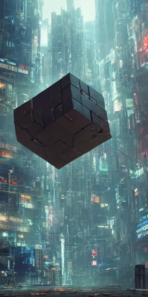 Image similar to a sentient cube destroying a dystopian city, cyberpunk, sharp focus, dynamic lights, still, photograph, hyper realistic, masterpiece, octane render, rendered, 3 d, cinematic, cinematic lighting, dramatic lighting, highly detailed, intricate details, texture, cinematic composition, wide shot, by donglu yu and kevin jick and eddie del rio