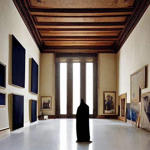 Image similar to Batman standing in giant Italian modern castle living room, clean minimalist design, that is 1300 feet tall, with very tall giant walls filled with modern art paintings, doors that are cosmic portals, photo by Annie Leibovitz