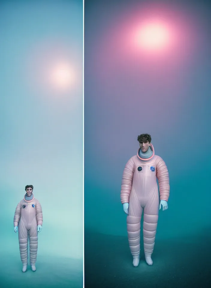 Image similar to high quality pastel coloured film portrait photograph of a beautiful young 2 0 year old male, soft features, short hair, wearing perspex space suit and oversized inflated clothing!! icelandic black rock pool environment. atmospheric three point light. photographic. art directed. ( pastel colours ). volumetric. clearcoat. waves. 8 k. filmic.