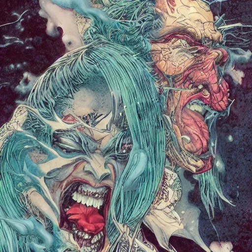 Image similar to closeup of face melting and tongues, by yoichi hatakenaka, masamune shirow, josan gonzales and dan mumford, ayami kojima, takato yamamoto, karol bak