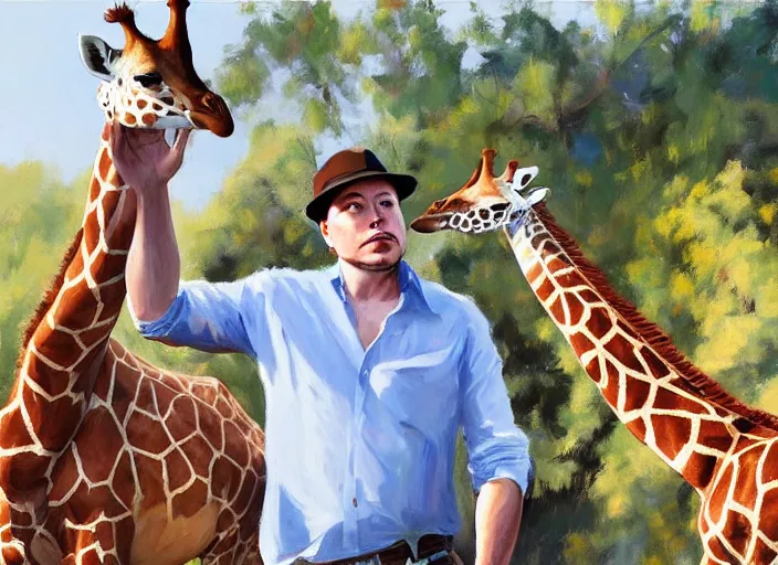 Image similar to a highly detailed beautiful portrait of elon musk with a giraffe, by gregory manchess, james gurney, james jean