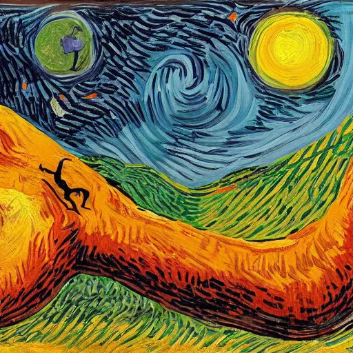 Image similar to painting of the extinction of the dinosaurs, in the style of vincent van gogh