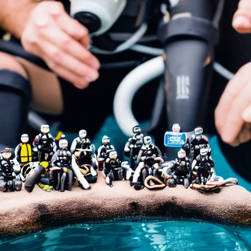 Image similar to tilt-shift photography of a group of scuba divers inside of a coffee mug, 8k, highly detailed, realistic