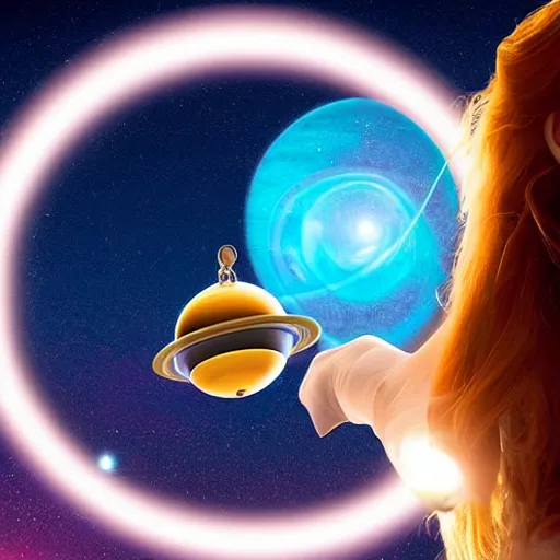 Prompt: a closeup of a woman wearing a neckless on the neck with a glowing planet Saturn as the pendant, the rings are glowing around the planet, the woman's hand reaching for the pendant, in the style of toy story Pixar movie